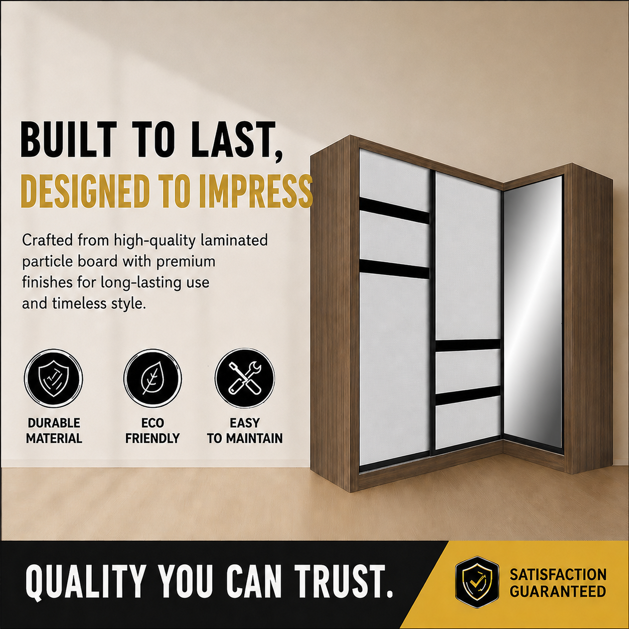 Baden Sliding Door L Shaped Corner Wardrobe with Mirror Door & Internal Drawer w/ Lock in 3 Color