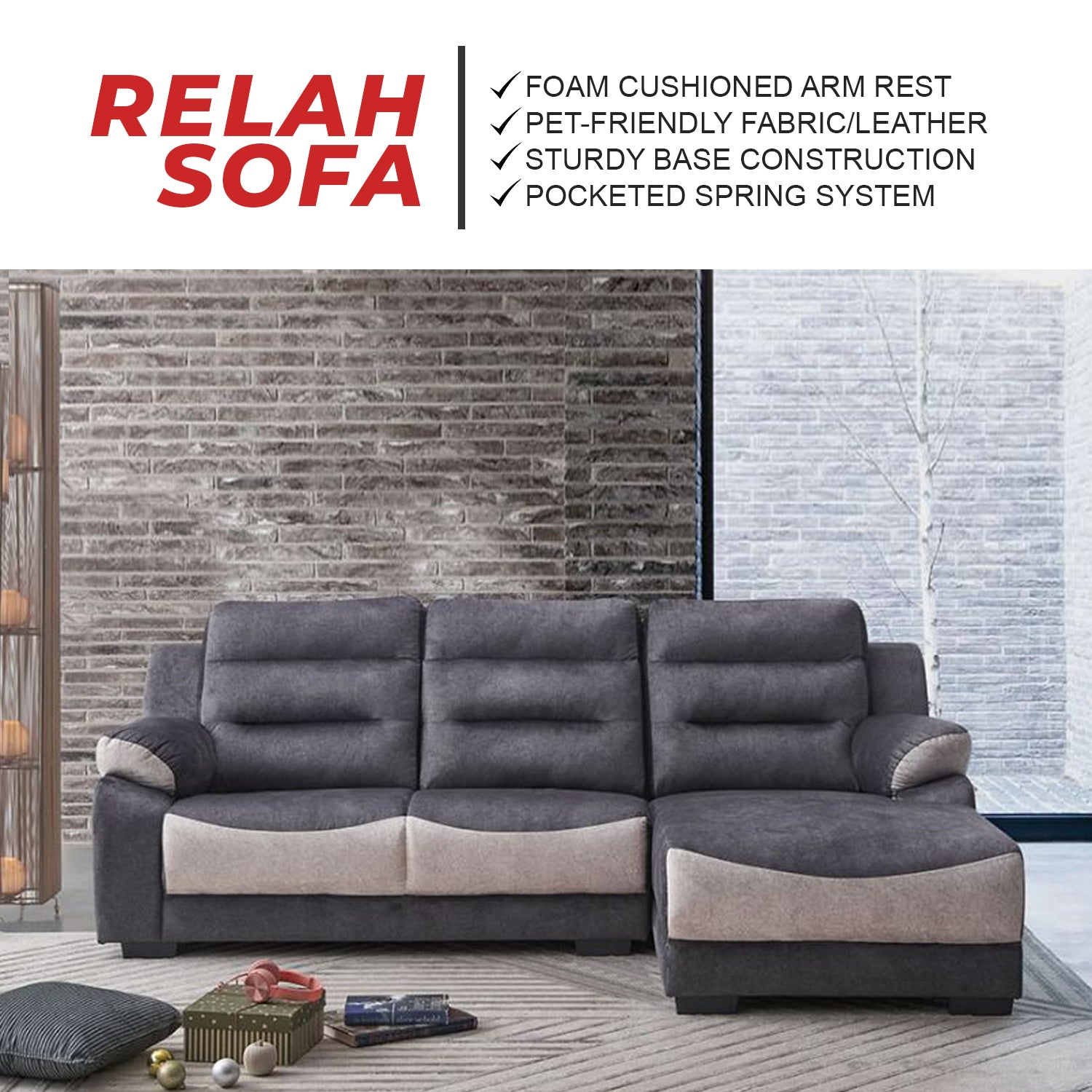 Relah Series L-Shaped Sofa in Left/Right Chaise PetFriendly Fabric/Leather