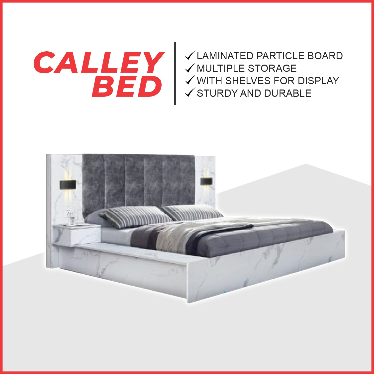 Calley Queen/King Size Platform Bed Frame with Side Table w/ Drawers & Hidden Storage