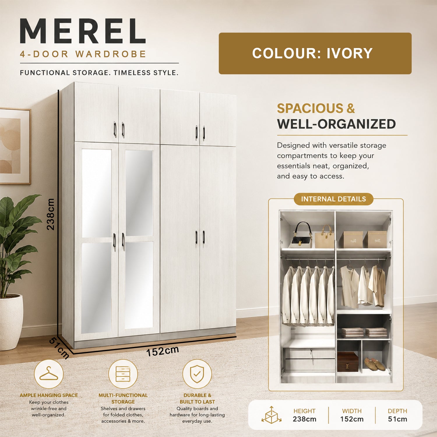 Merel 4-Doors Wardrobe CARB-P2 Certified Board with Internal Drawers and Top Cabinet