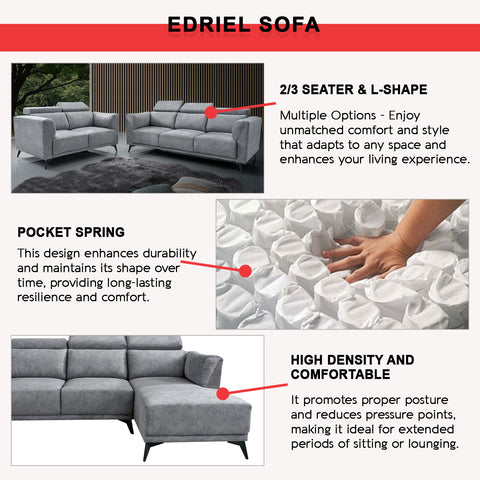 Image of Edriel 2/3-Seater L-Shaped Sofa Scratch-Proof Upholstered Pet-Friendly in 50 Colors