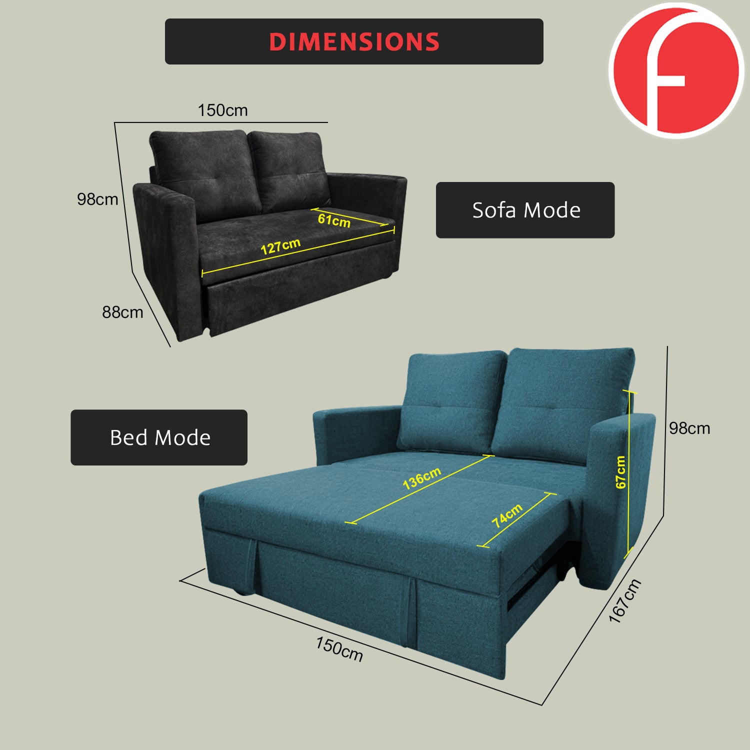 Peyton 2-Seater Sofa Bed High Density Comfortable with PetFriendly Options in 48 Colours