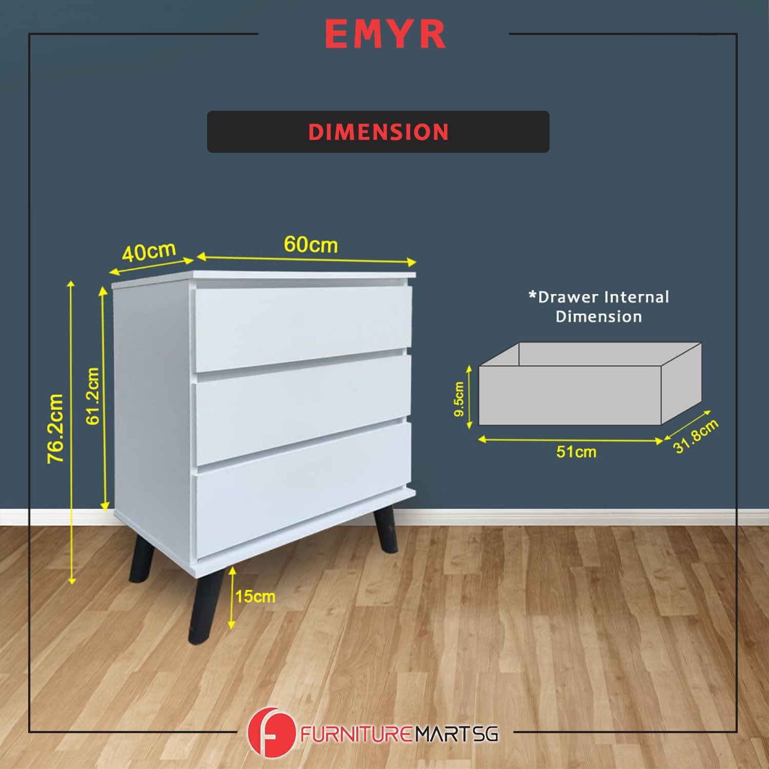 Emyr Series Premium Chest of 3 Drawers Collection Full Laminated Back Panel in 6 Colours