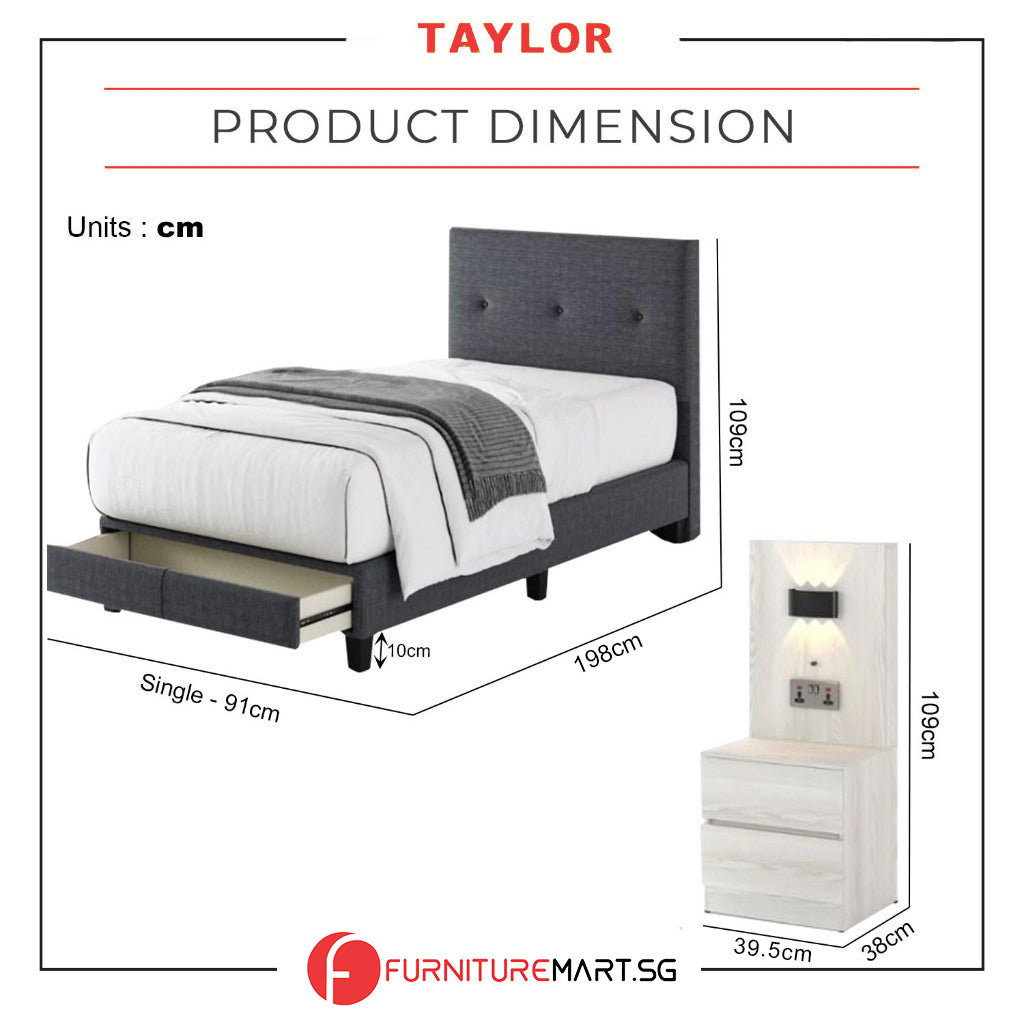 Taylor Twin Bed Frame with Drawer / Side Table  - PetFriendly Scratch-Resistant