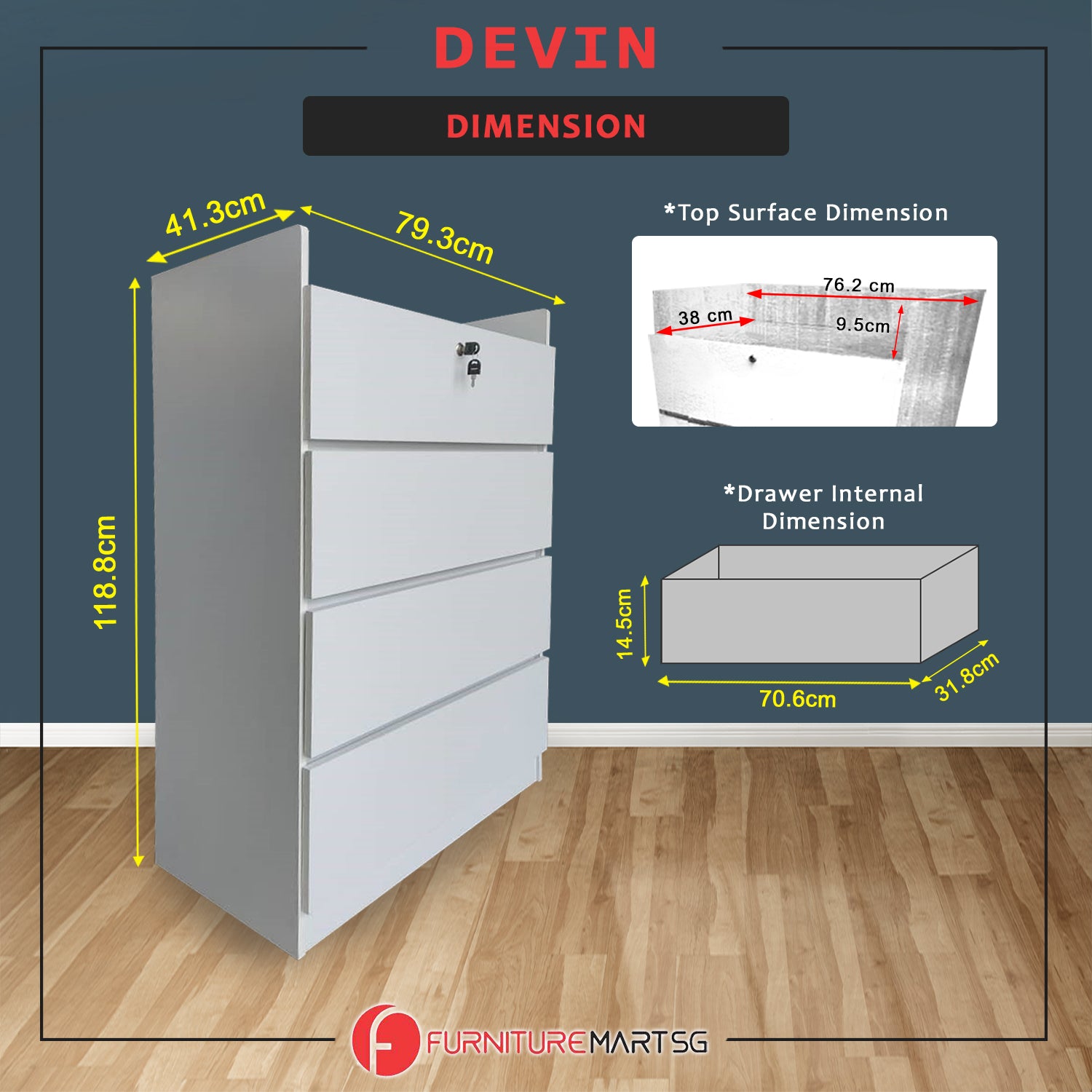 Devin Series Premium Chest of 4 Drawers Collection Full Laminated Back Panel in 6 Colours