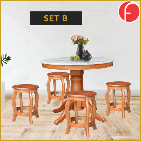 Image of Mateo Dining Set Round Table & Stools 1+4 in Solid Wood Natural Marble Top Cherry/Walnut