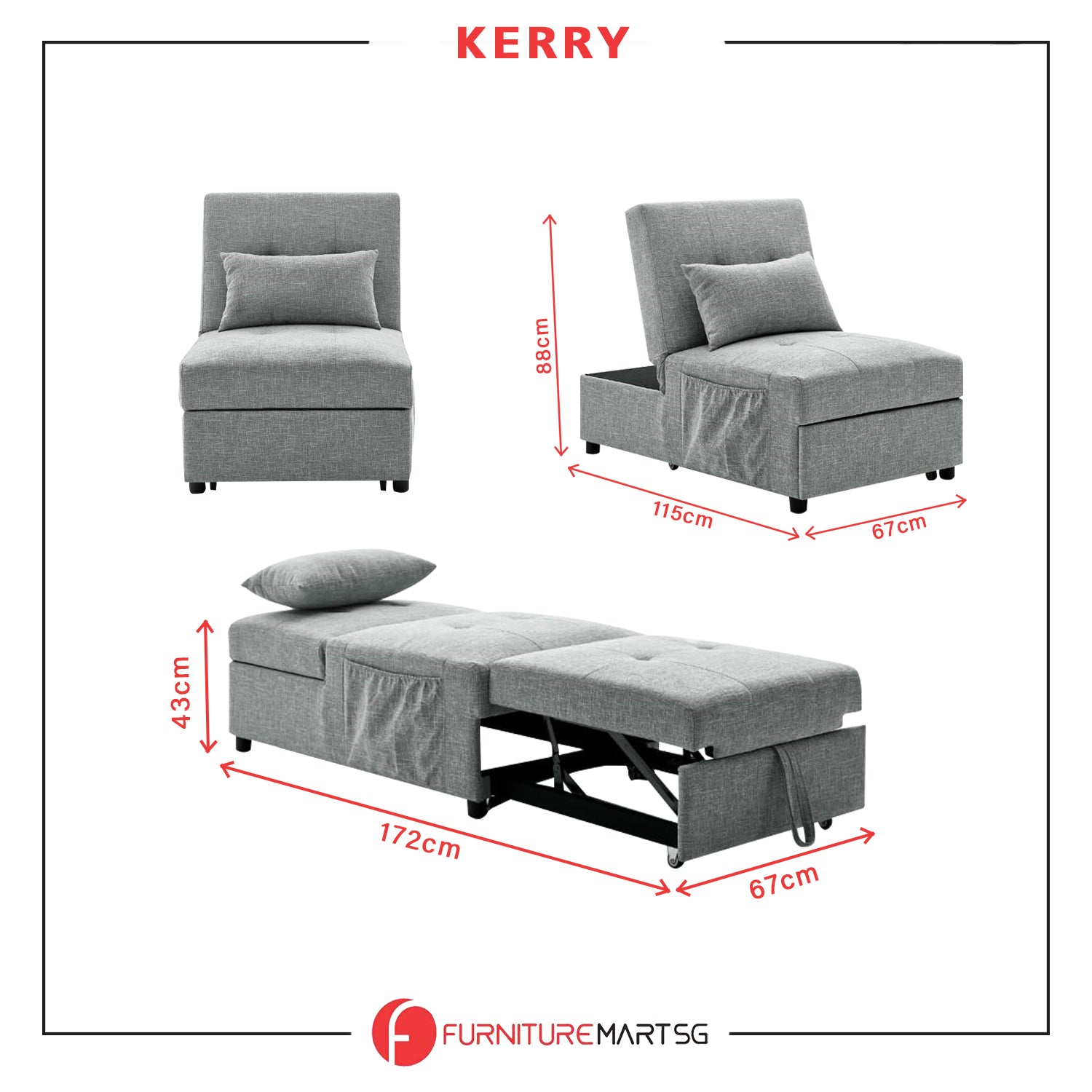 Kerry 1 Seater Sofa Bed in Grey Fabric