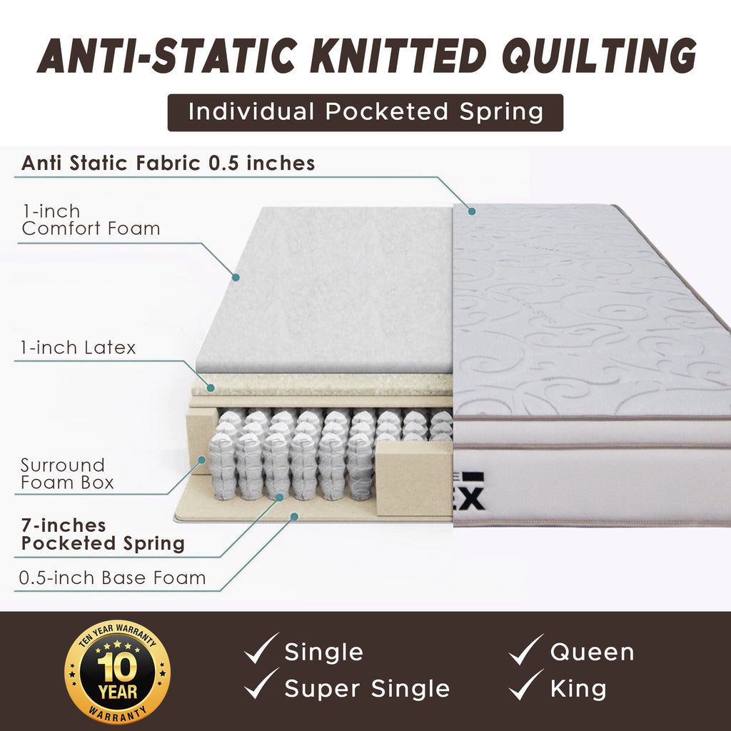 Diomire 10" LATEX Anti-Static Mattress Individual Pocketed Spring - All Sizes