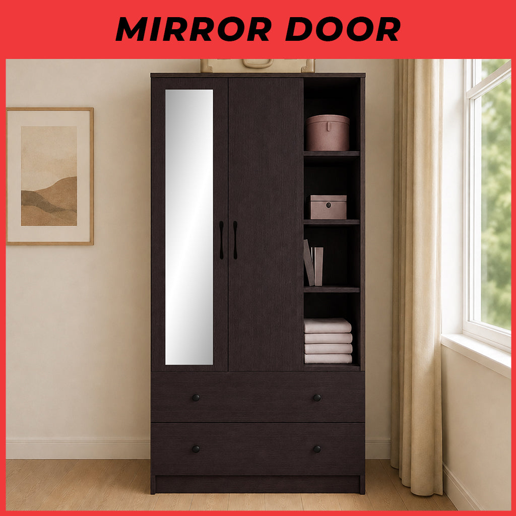 MIORI 2-Door Wooden Wardrobe Modern Clothes Cabinet with Hanging Rod, Drawer & Open Shelf