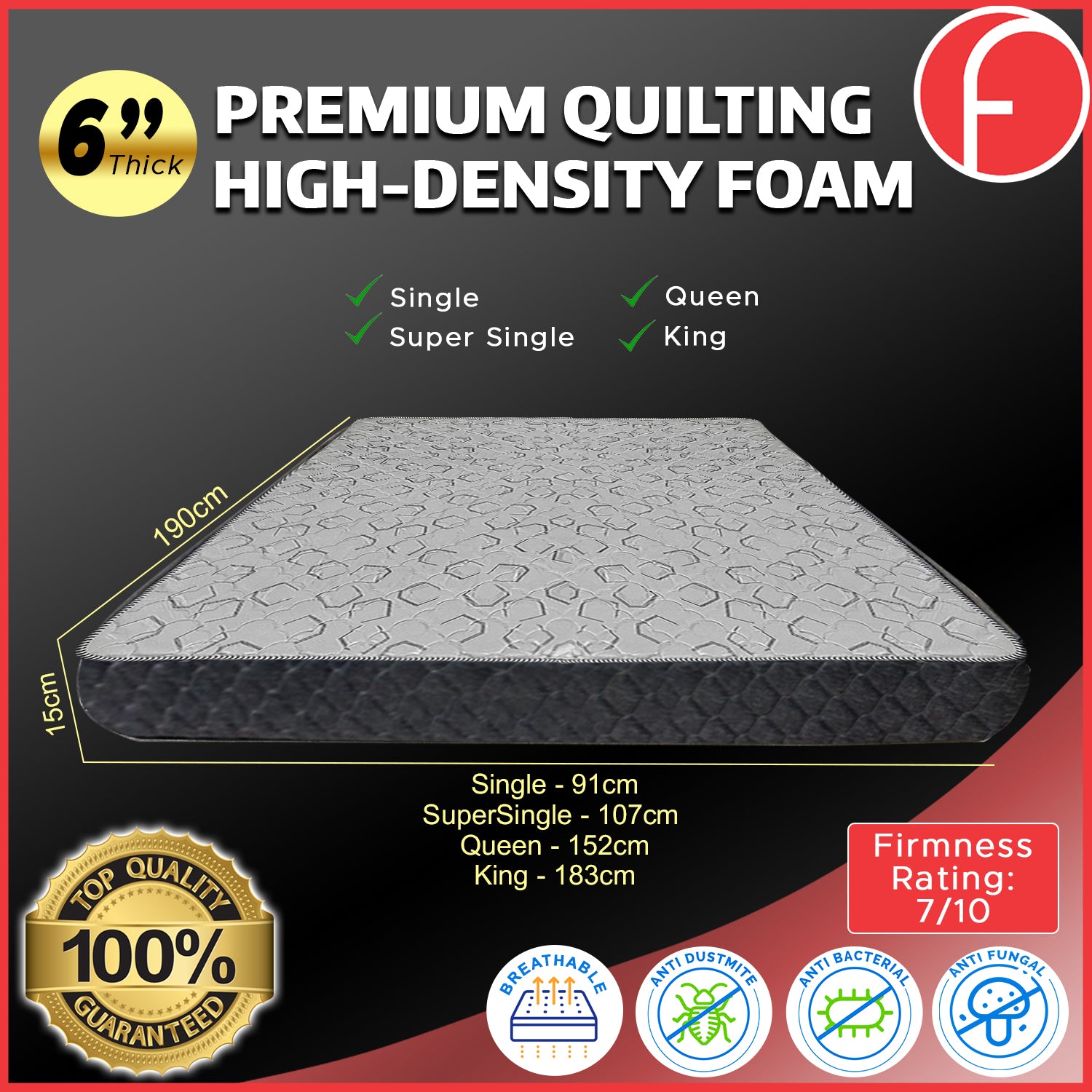 4"/6"/8" Comfort Foam Mattress High Density Foam Premium Quilt - All Sizes Available