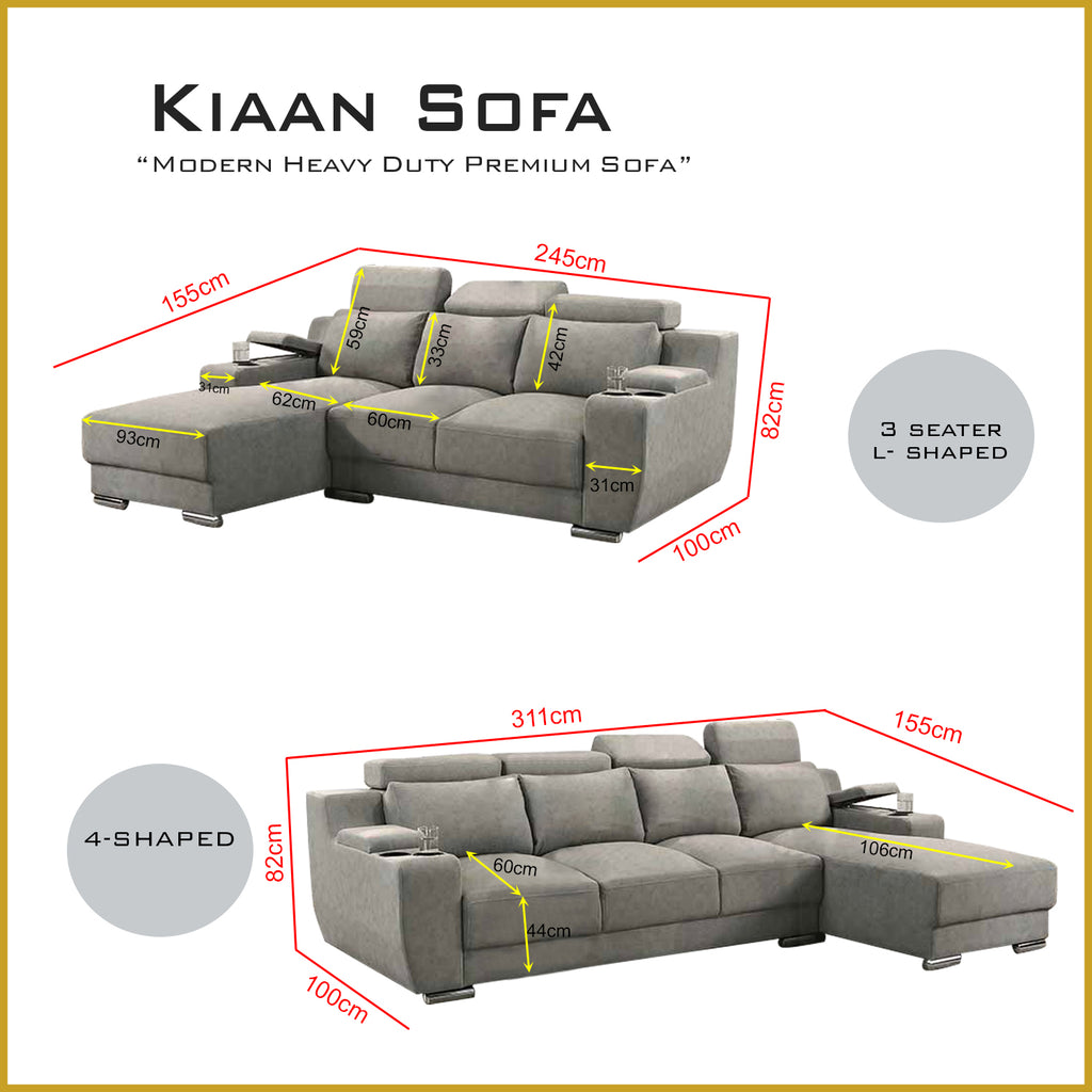 Kiaan Sofa Armrest Storage + Cup Holders 3/4L Shape Sofa Set w/ Pet-Friendly Option