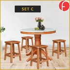 Mateo Dining Set Round Table & Stools 1+4 in Solid Wood Natural Marble Top Cherry/Walnut