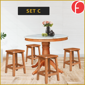 Mateo Dining Set Round Table & Stools 1+4 in Solid Wood Natural Marble Top Cherry/Walnut