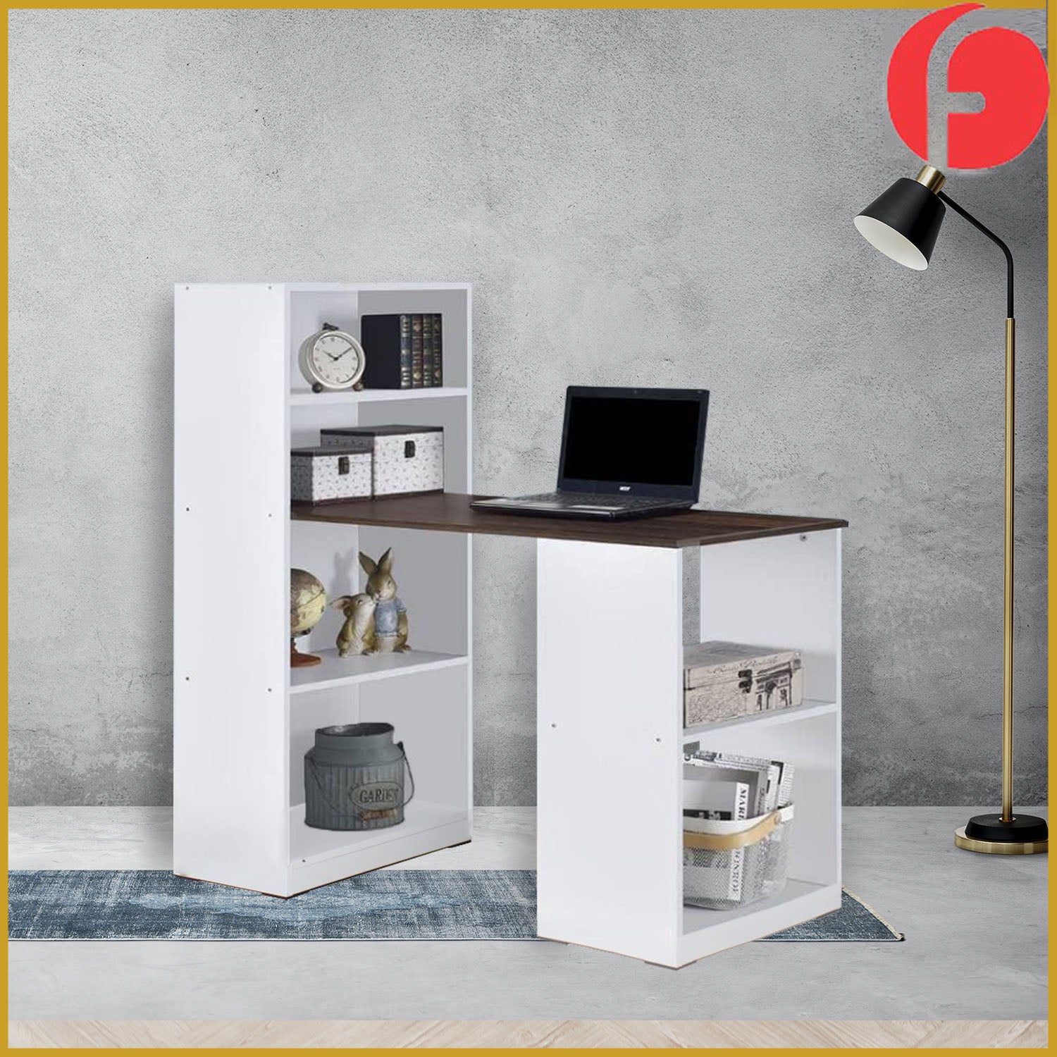 Elias Study Computer Office Table with Shelves Cabinet in 4 Colours