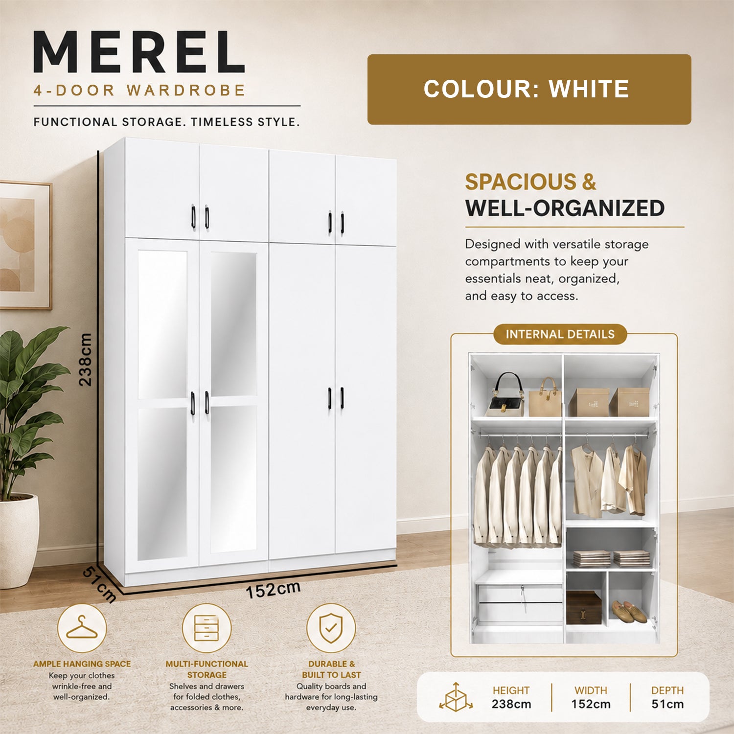 Merel 4-Doors Wardrobe CARB-P2 Certified Board with Internal Drawers and Top Cabinet