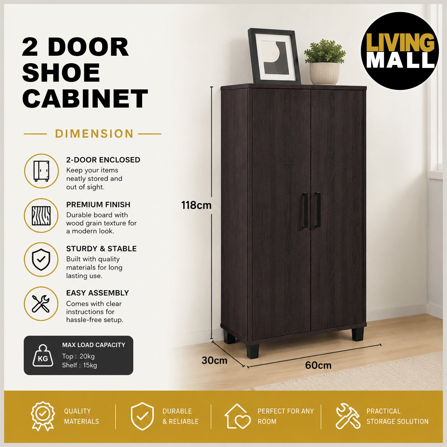 Ishani Shoe Cabinet Carb-P2 Certified Laminated Board Fully Laminated Back Panel