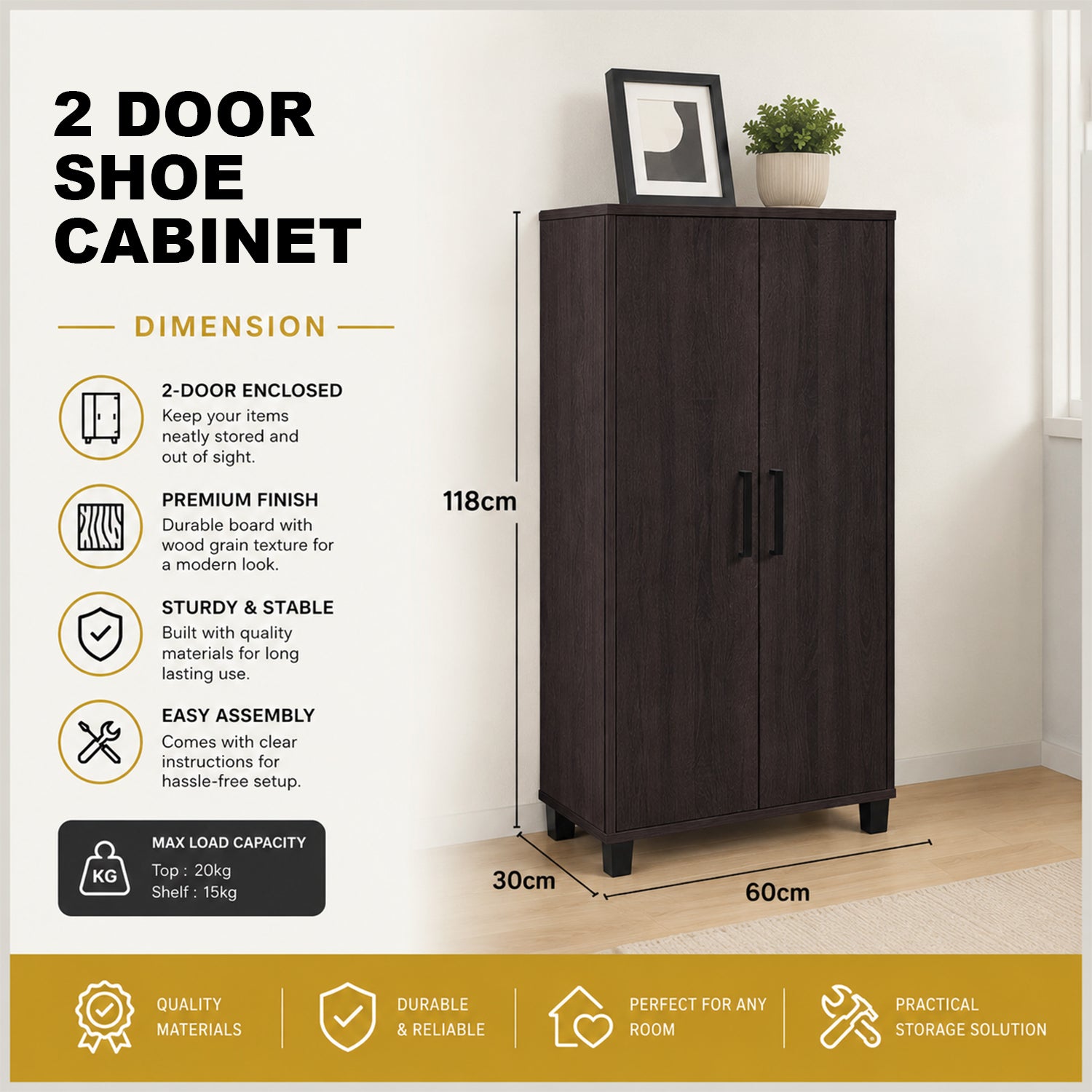 Ishani Shoe Cabinet Carb-P2 Certified Laminated Board Fully Laminated Back Panel