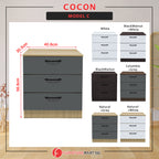 Cocon Premium Bedside Table 3-Drawer Full Laminated Back Panel in 6 Colours