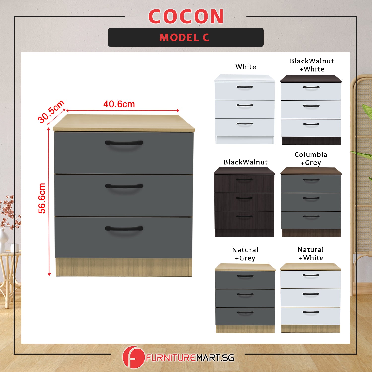 Cocon Premium Bedside Table 3-Drawer Full Laminated Back Panel in 6 Colours