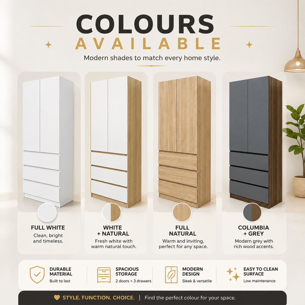 Nolin CARB-P2 Certified Board 2 Door Wardrobe + 3 Layer Drawer Laminated Back Panel