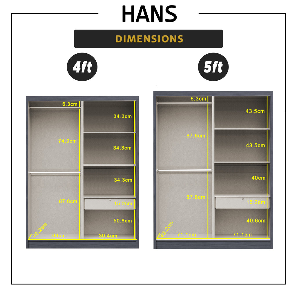 Hans Series 4FT/5FT 2-Door Sliding Door Wardrobe in White Wash or Black