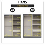 Hans Series 4FT/5FT 2-Door Sliding Door Wardrobe in White Wash or Black