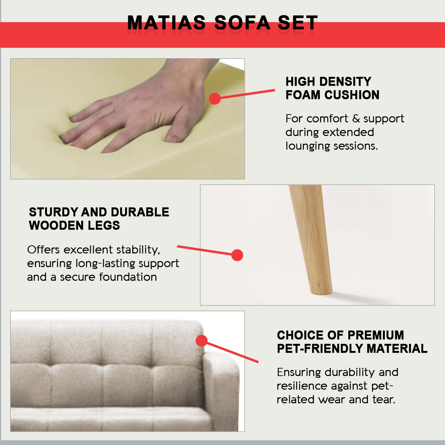 Matias 1/2/3-Seater Sofa with Stool High Density Foam w/ PetFriendly Options