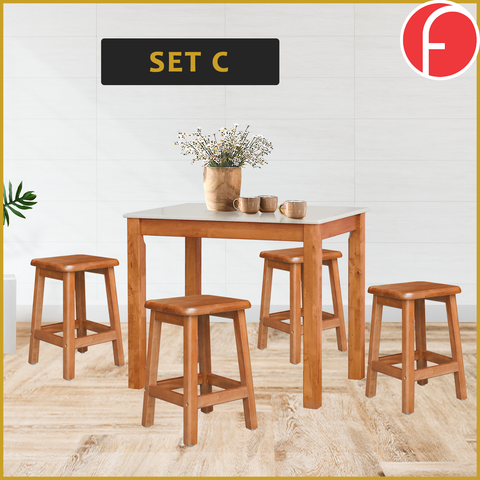 Image of Lucas Dining Set w/ Table and Stools 1+4 in Solid Wood Natural Marble Top Cherry/Walnut