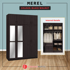 Merel 4-Doors Wardrobe with Internal Drawers and Top Cabinet in 3 Colours