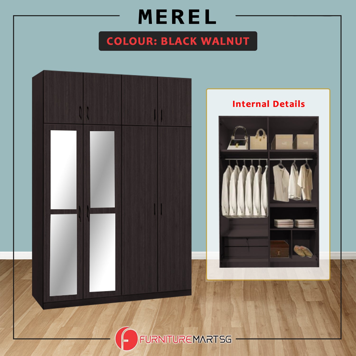 Merel 4-Doors Wardrobe with Internal Drawers and Top Cabinet in 3 Colours