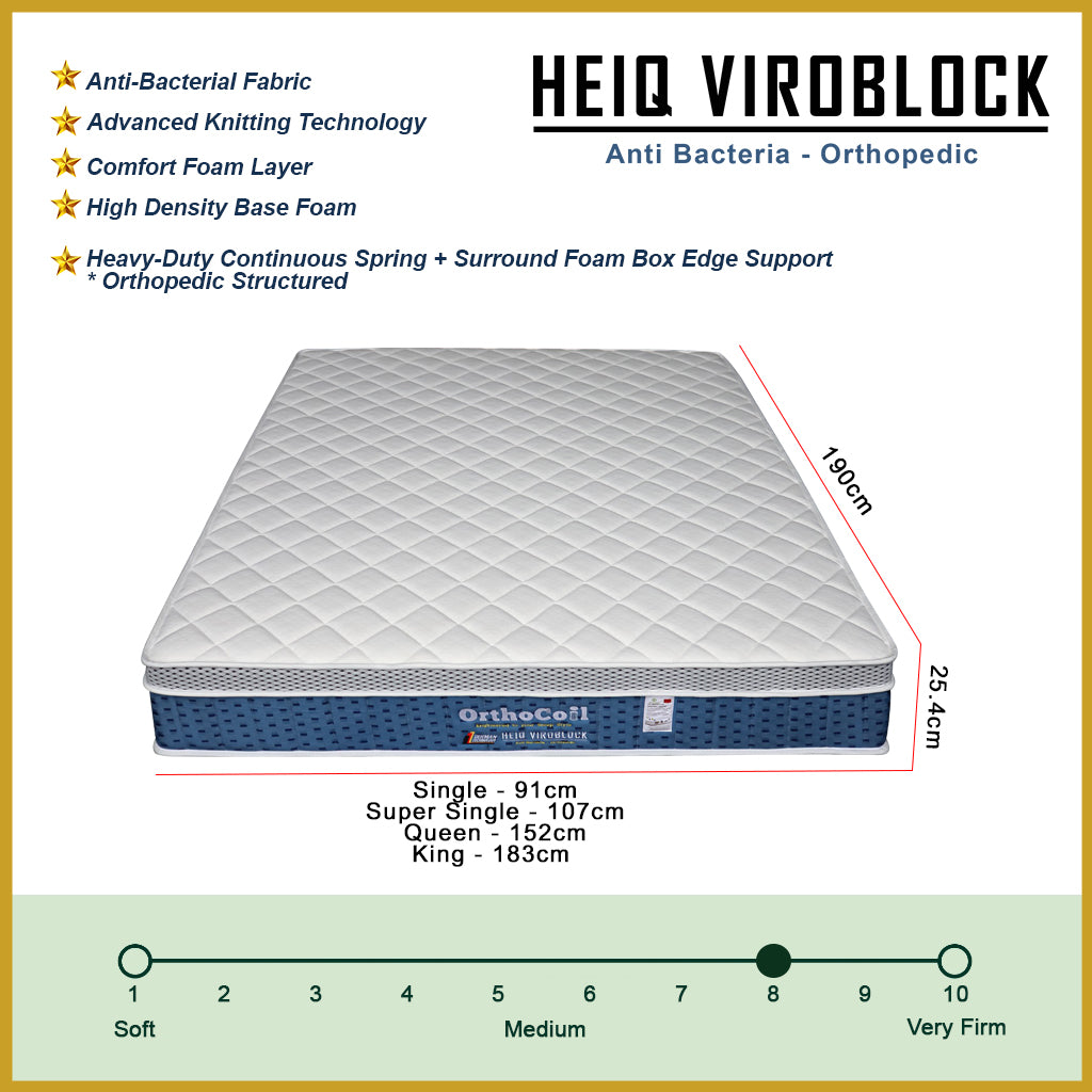 Orthocoil HEIQ Viroblock Anti Bacterial Mattress Pocket Spring - All Sizes Available