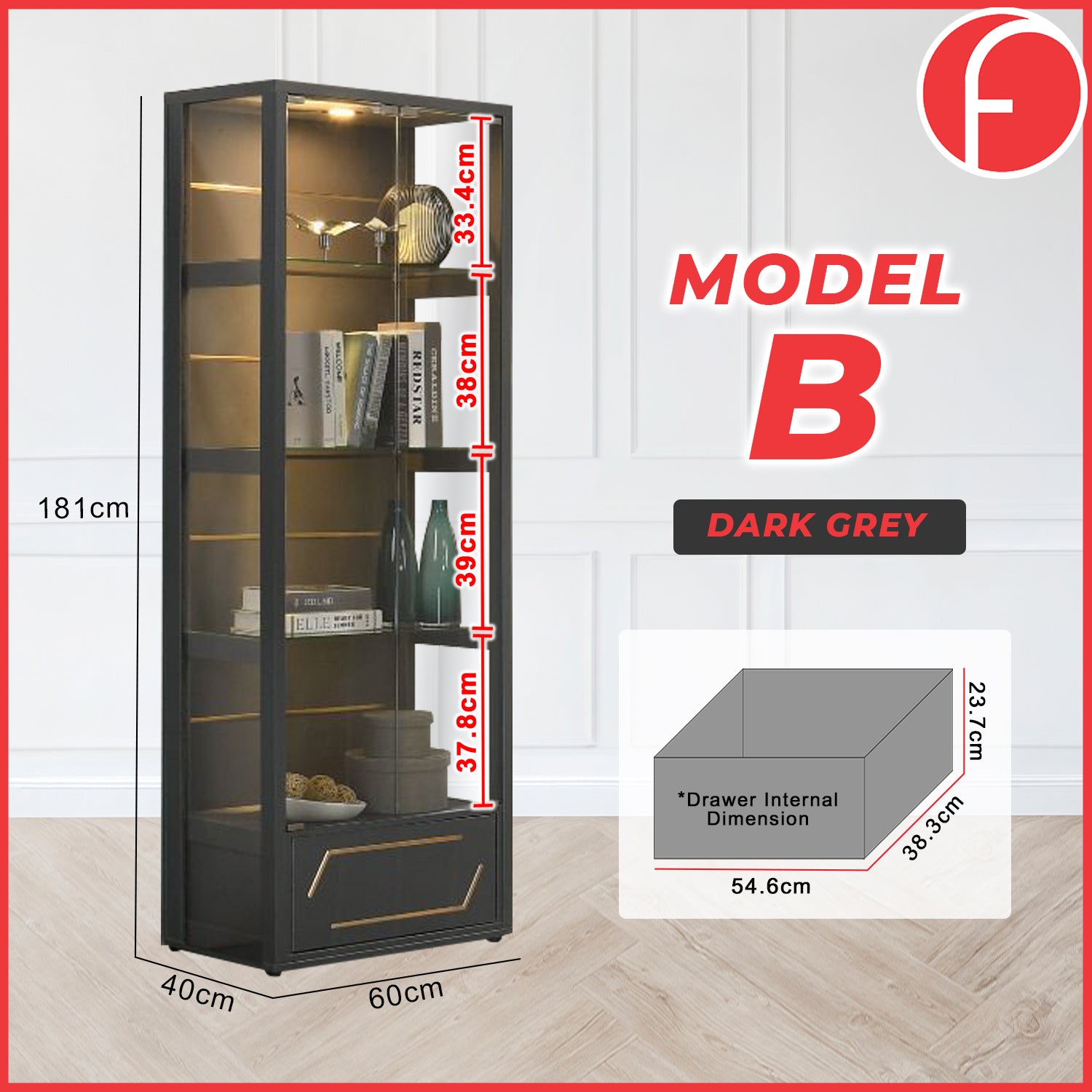 Tessa Series 2 Display Cabinet Book Shelves Glass Door with Light