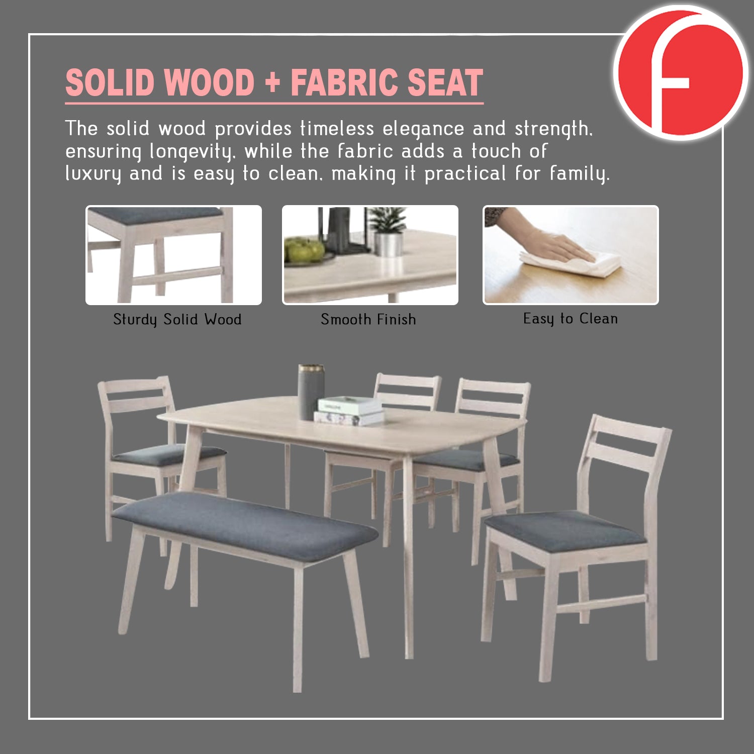 PAULA Solid Wood Dining Set Table with Chair and Bench - Available in White Wash and Walnut Colour