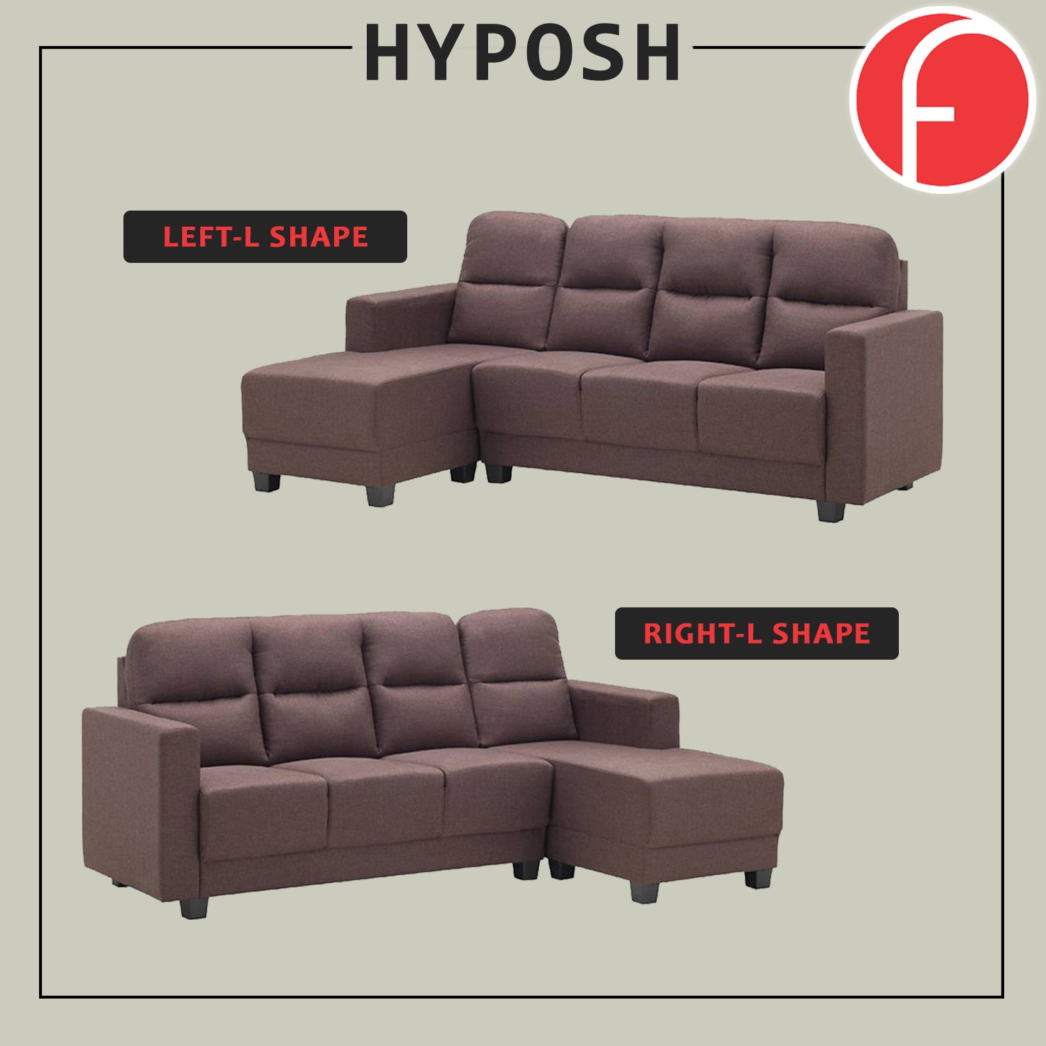 Hyposh L-Shaped Sofa Left/Right Chaise in 47 Colour -w/ PetFriendly Fabric/Leather