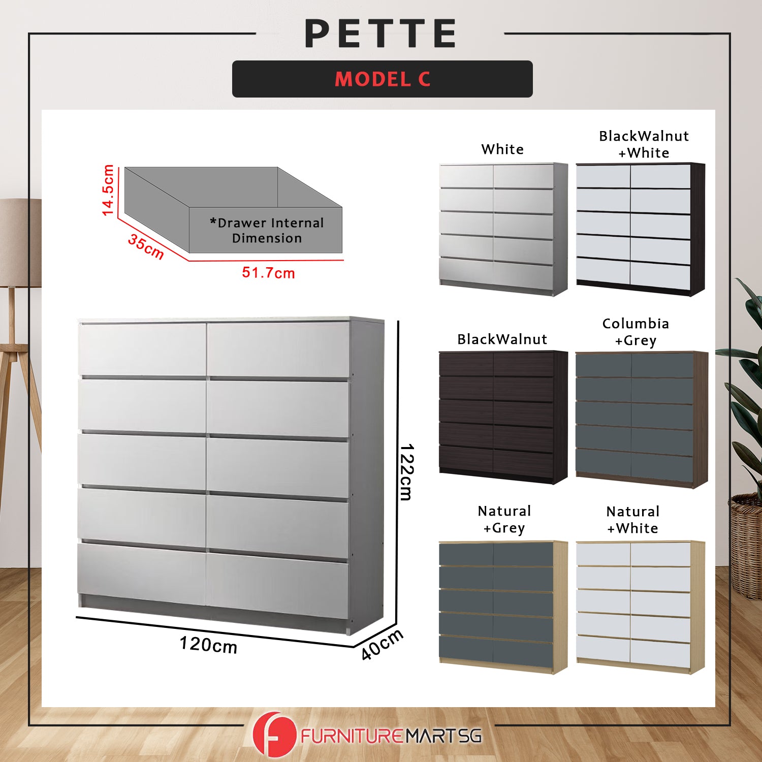 Pette 10 Drawers Premium Chest of Drawers Full Laminated Back Panel in 6 Colours