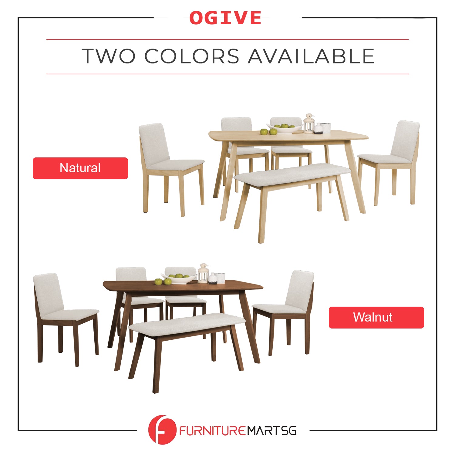 OGIVE 1+4 Dining Set Table with Chair & Bench Pet-Friendly Fabric in Natural & Walnut Color