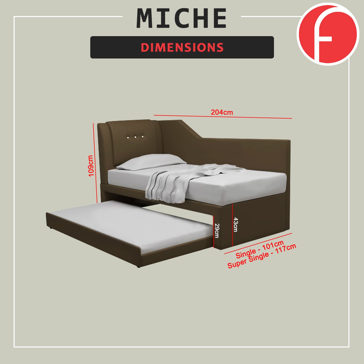 Miche Single/Super Single Pull-Out Bed Frame in Faux Leather or Pet-Friendly Fabric