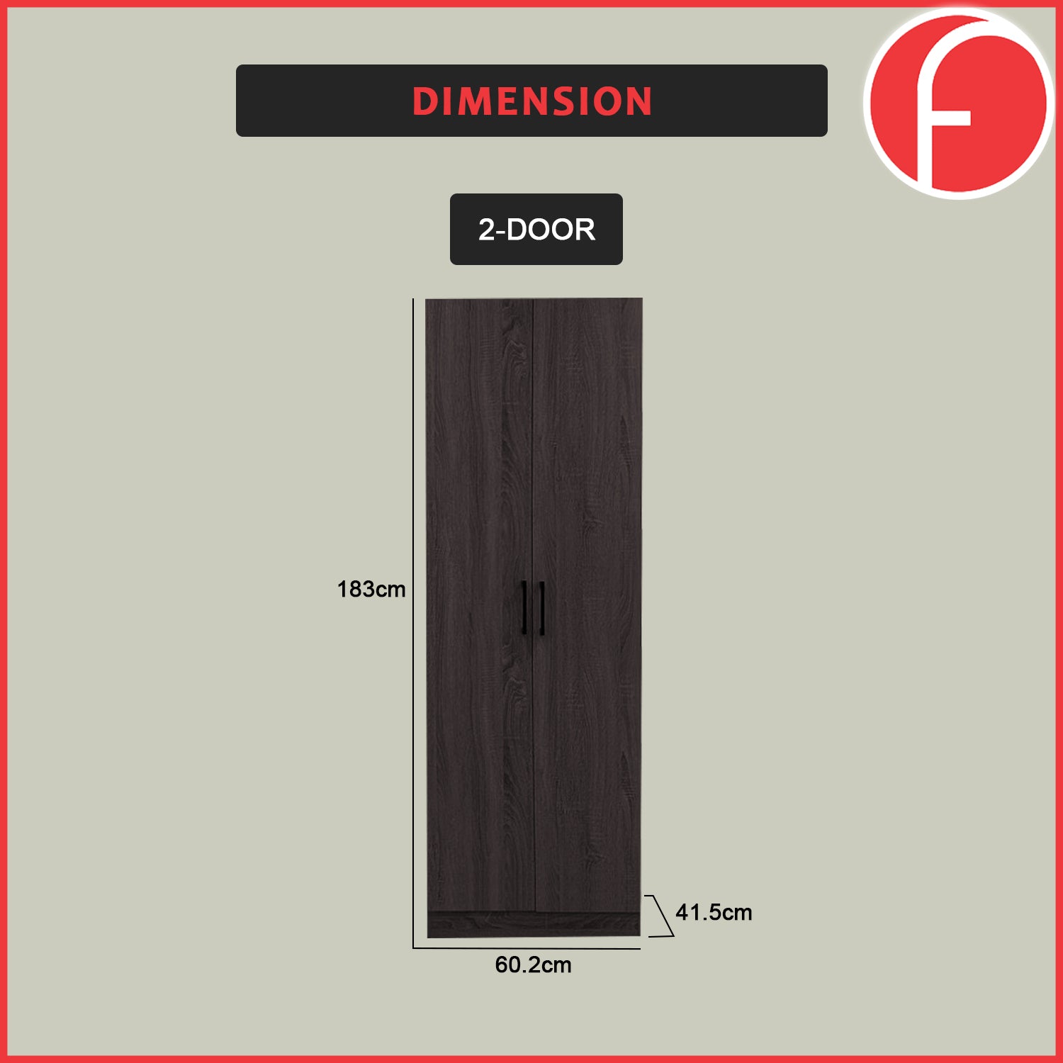 Percy Premium 2 Feet 2 Doors Wardrobe Laminated Back Panel - Free Install