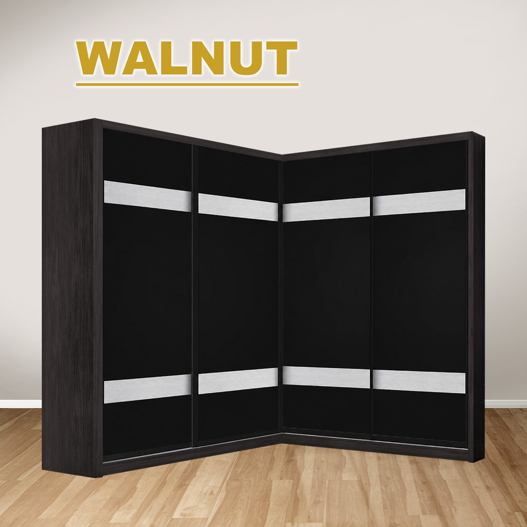 Calvi Sliding Door Corner Wardrobe with Black Glass Door & Internal Drawer w/ Lock