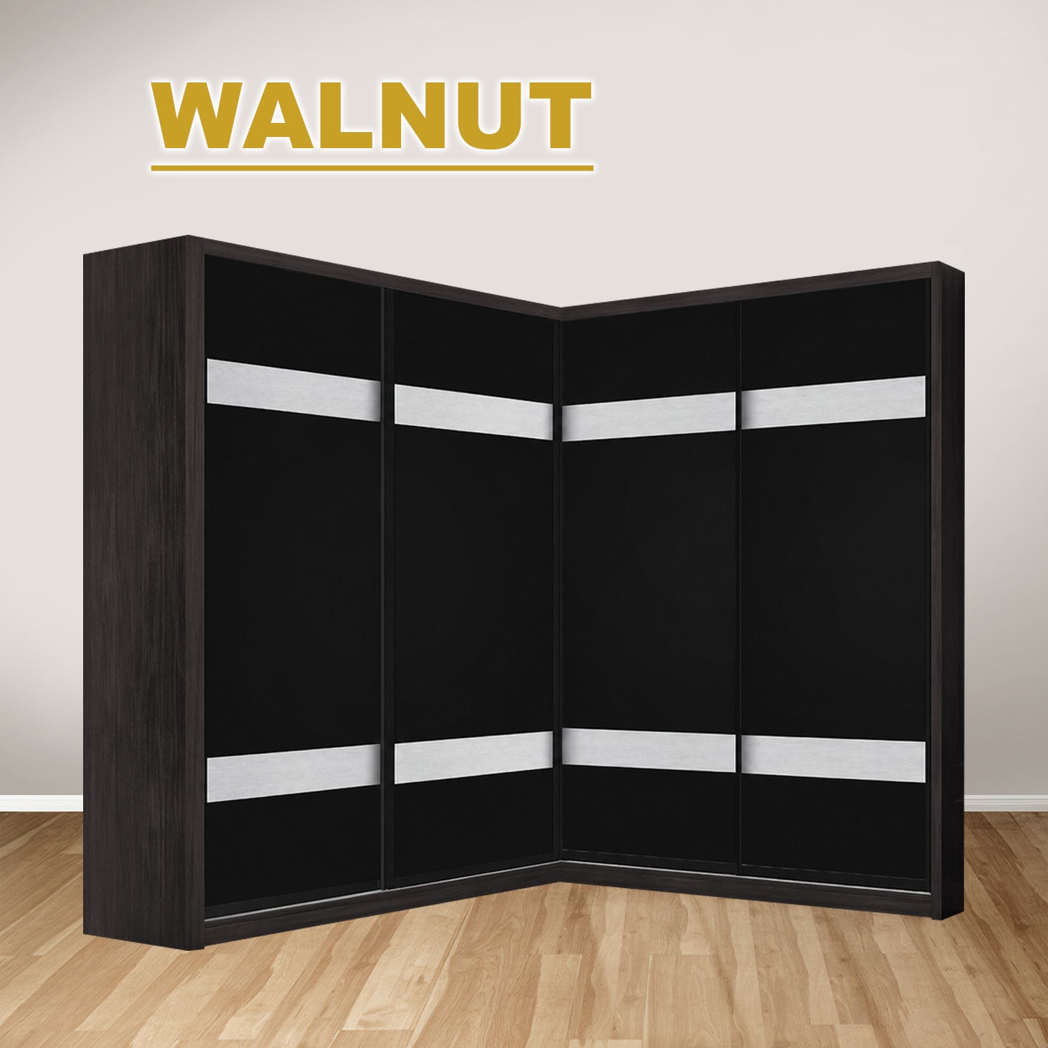 Calvi Sliding Door Corner Wardrobe with Black Glass Door & Internal Drawer w/ Lock