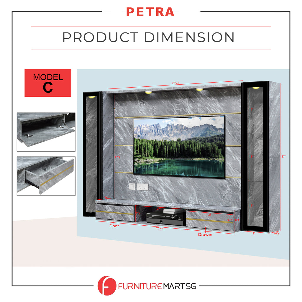 Petra Series Wall Mount TV Console Marble Finish with Light and Built-in Socket in 3 Models