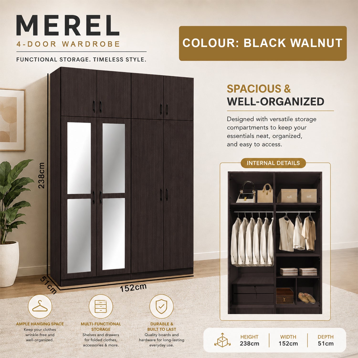 Merel 4-Doors Wardrobe CARB-P2 Certified Board with Internal Drawers and Top Cabinet