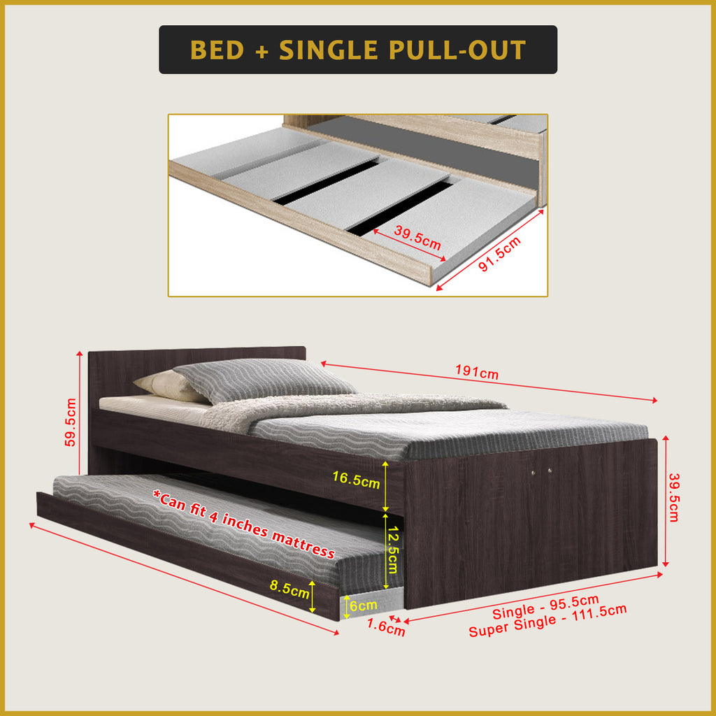 Sobee Single/Super Single Bed with Drawers of Pull-out Bed / Fully Laminated Board