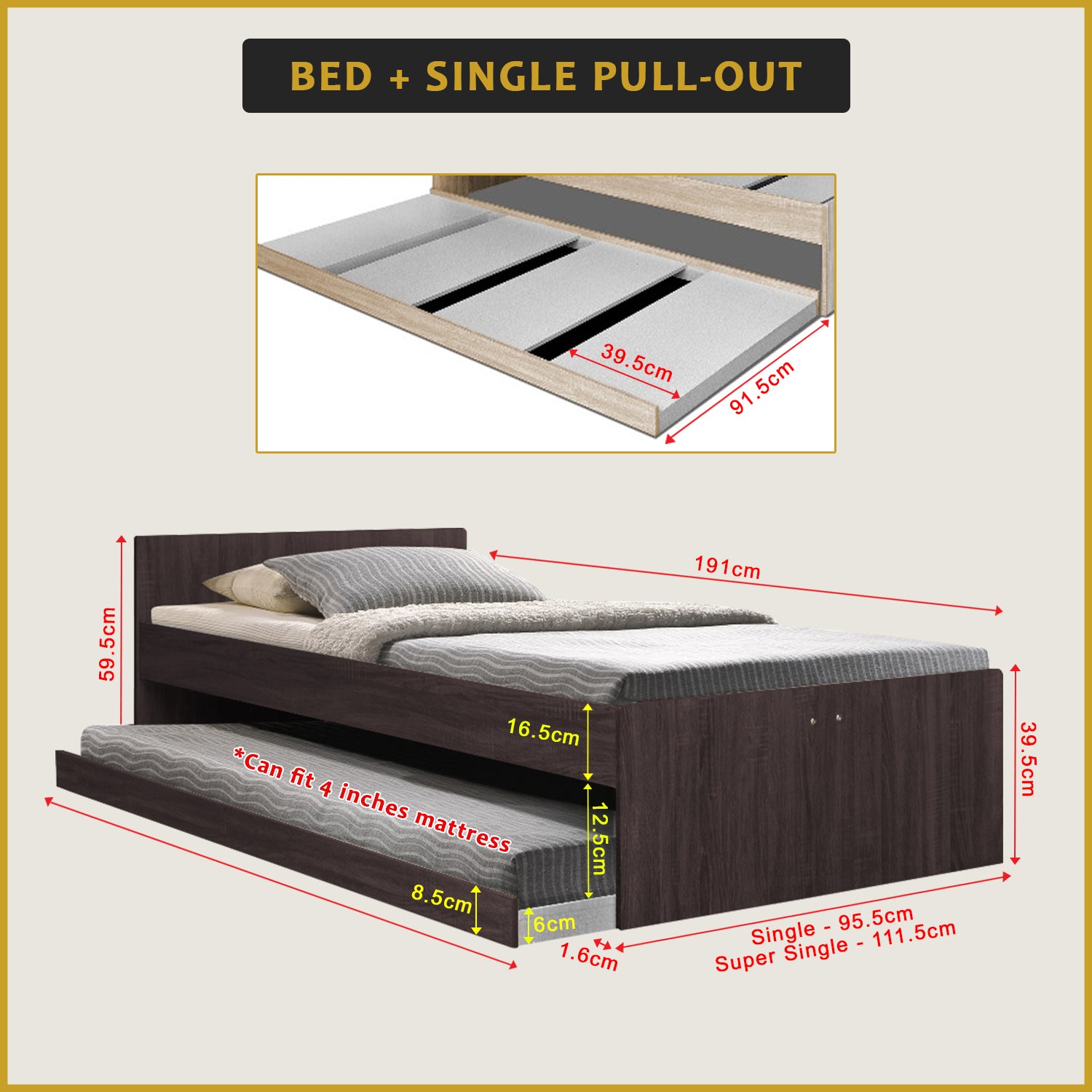 Sobee Single/Super Single Bed with Drawers of Pull-out Bed / Fully Laminated Board