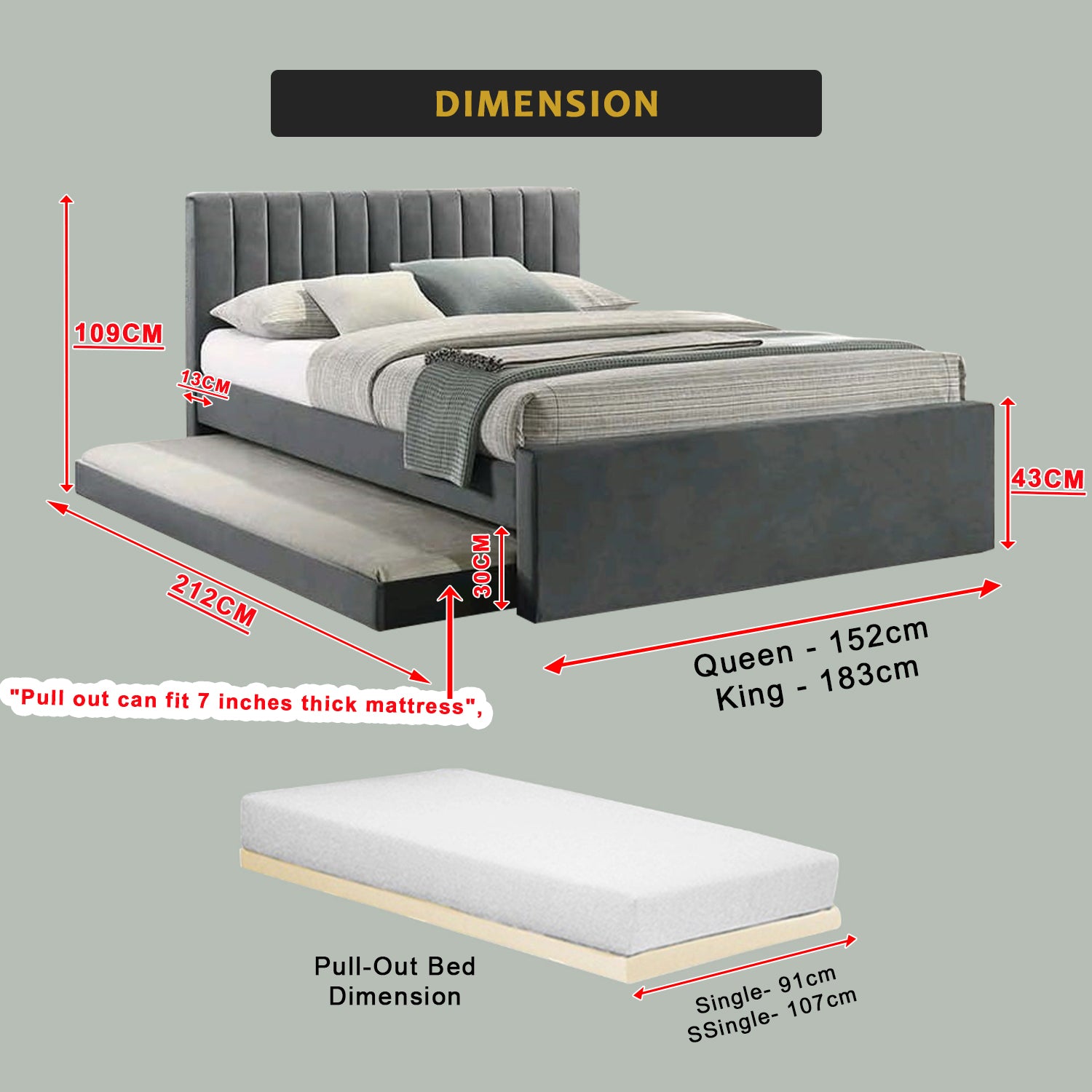 OrthoCoil Gerna Queen/King Leather/Pet-Friendly Fabric Pull-Out Bed Frame in 30 Colors