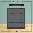 Flori 5-Drawers Premium Chest of Drawers Full Laminated Back Panel in 6 Colours