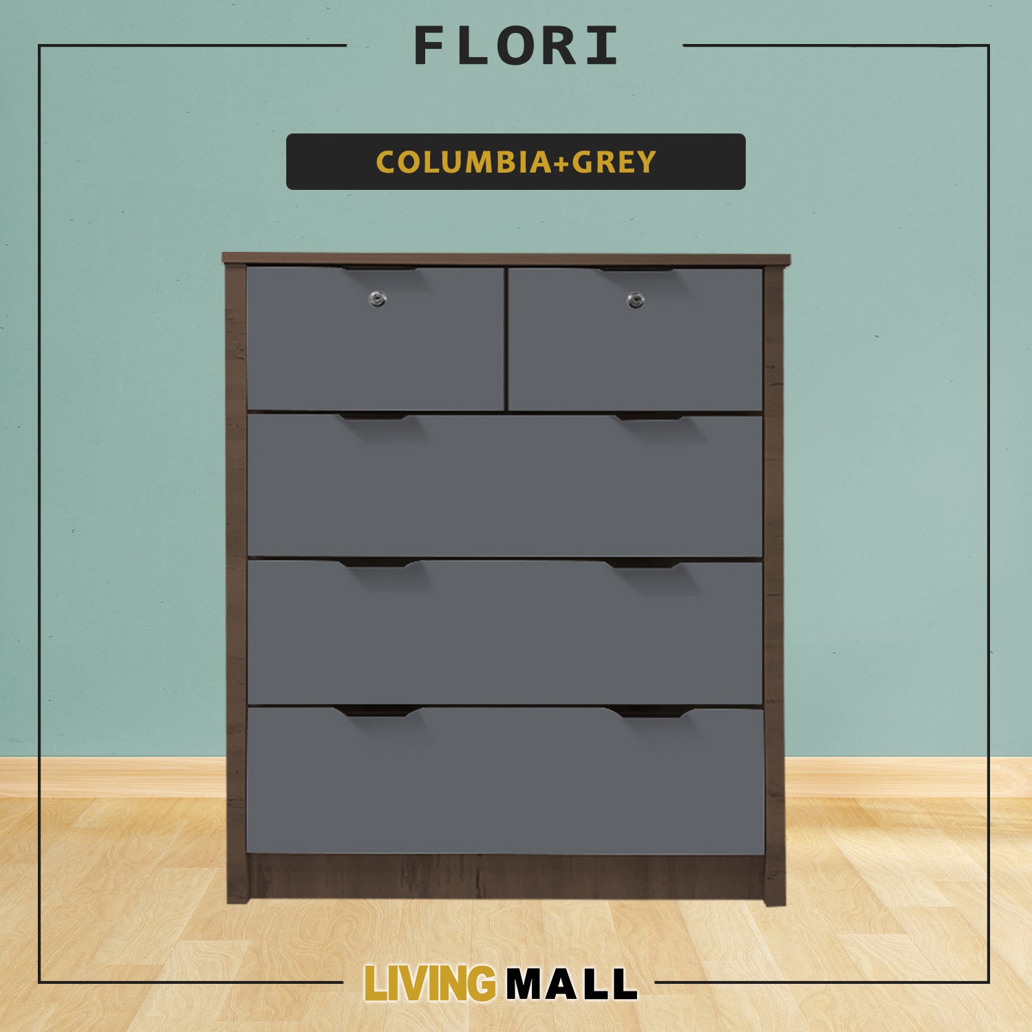 Flori 5-Drawers Premium Chest of Drawers Full Laminated Back Panel in 6 Colours