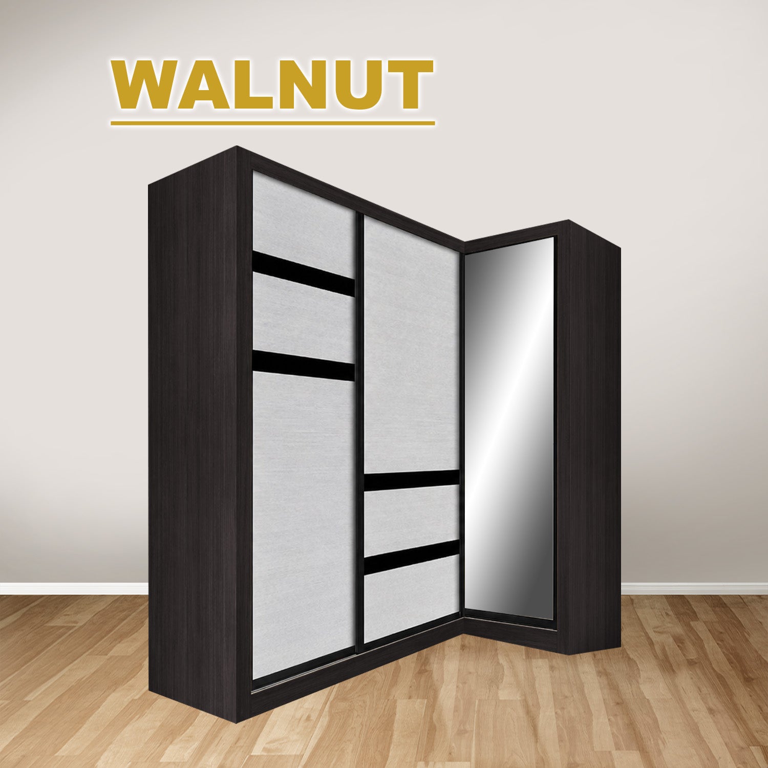 Baden Sliding Door L Shaped Corner Wardrobe with Mirror Door & Internal Drawer w/ Lock in 3 Color