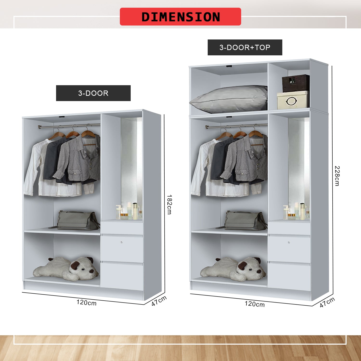 Sabine 3-Door Wardrobe Dresser Combo with Mirror and Drawers in 6 Colours