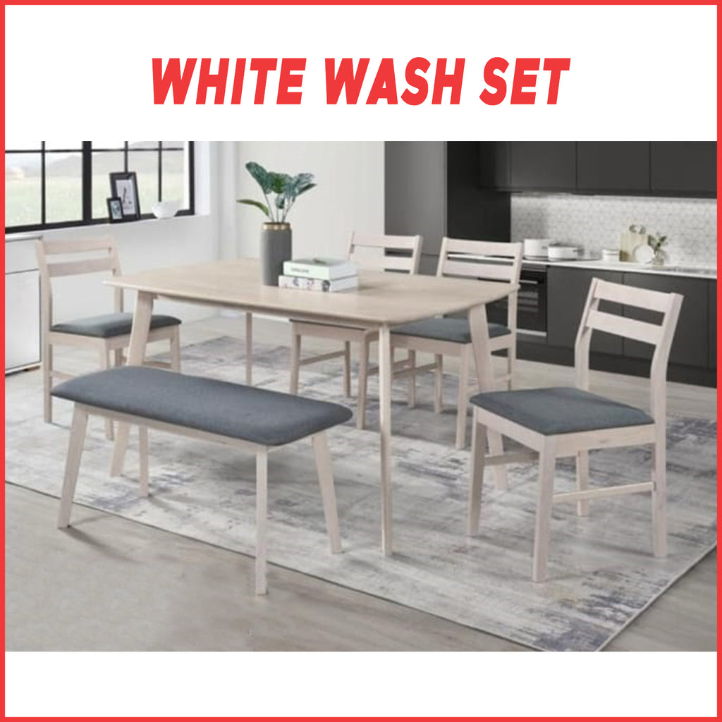 PAULA Solid Wood Dining Set Table with Chair and Bench - Available in White Wash and Walnut Colour